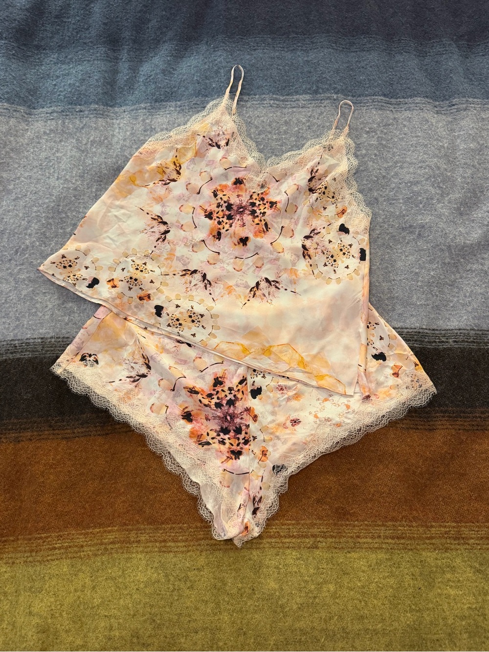Victoria's Secret Pink Floral Lace Trim Satin Cami and Short Set